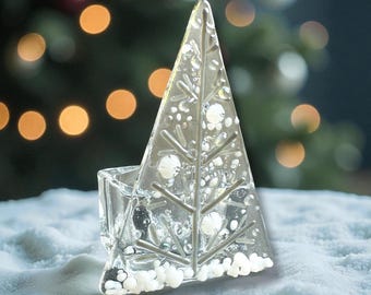 Christmas tealight  decoration,  grey sparkle fused glass Christmas tree tea light holder