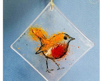 Fused Glass Robin Decoration, Robin gift, add a handwritten Personalised message.