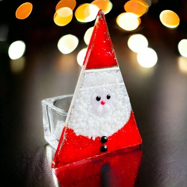 Fused glass Santa tea light holder, santa Christmas table decoration.