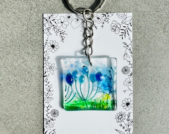 Fused glass blue flower key ring