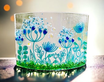 Super seconds* Handcrafted Blue Summer Meadow Glass Art - Fused Glass Blue Flower Curve for Home Dec