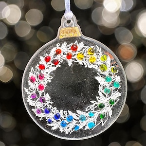 Christmas wreath bauble decoration, fused glass Christmas tree  multi colour berry decoration, Christmas gift.