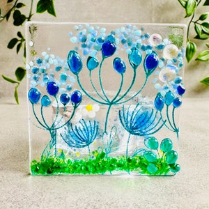 Glass tealight holder, fused glass blue flower tea light holder decoration and gift.