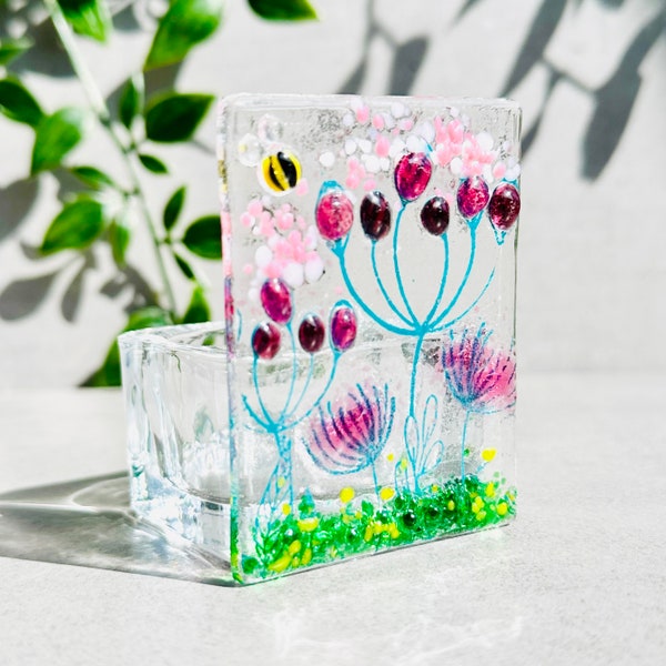 Fused glass art flower tea light with handmade fused glass bee.