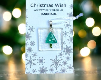 Christmas wish, fused glass token on a card,  work team Christmas gift, Christmas table favours.