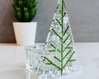 Christmas tealight decoration, Christmas tree glass tea light holder, green and white tree decoration.