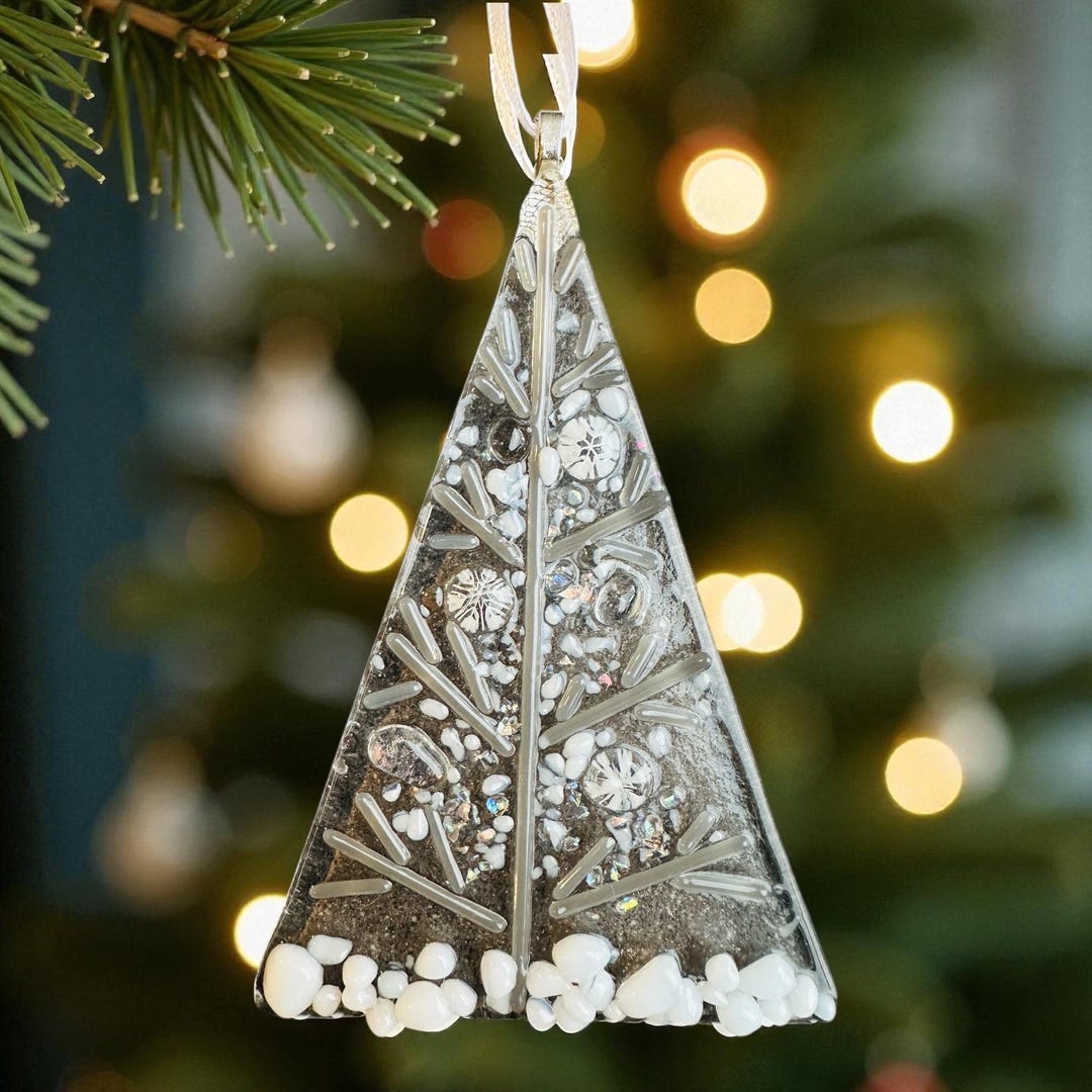 Fused Glass Christmas Tree Decoration With Snowflakes Handmade