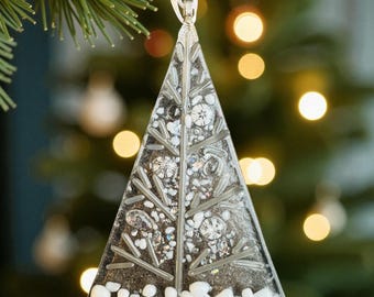 Fused Glass Christmas Tree Decoration with snowflakes - Handmade Festive Ornament.