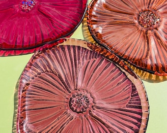 Glass flower fused glass art dish, Ruby pink.