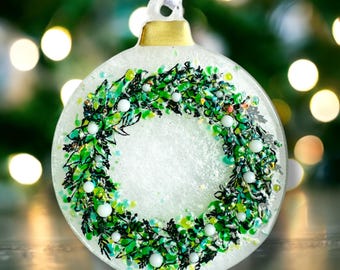 Glass Wreath Christmas Decoration with white berries, can be personalised.