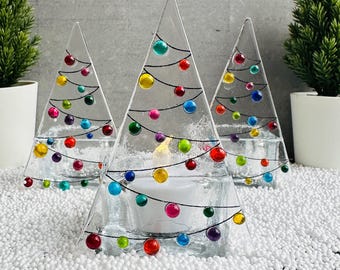 Multicolor Christmas tree tea light holder,  glass Christmas tea light holder, Christmas decor, fused glass Christmas Ornament.