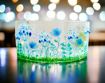 Blue flower Curve, Fused glass art - Nature-Inspired Art Decor.