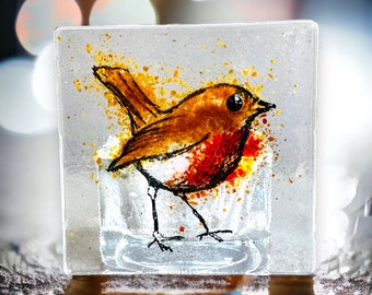 Portavelas de vidrio fundido con forma de petirrojo: decoración serigrafiada a mano