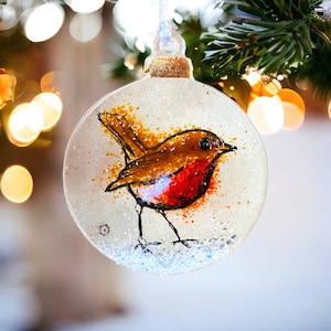 Christmas robin bauble decoration, fused glass Christmas tree  decoration, Christmas gift, gold luster.
