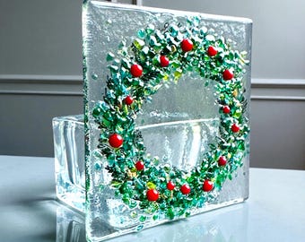 Fused Glass Christmas Wreath Tealight Holder with red berries