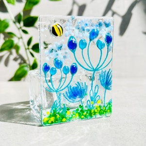 Blue flower glass art tea light holder with bee.