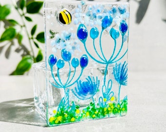 Blue flower glass art tea light holder with bee.
