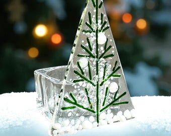 Fused Glass Christmas Tree Tealight Holder: Green & White Decoration