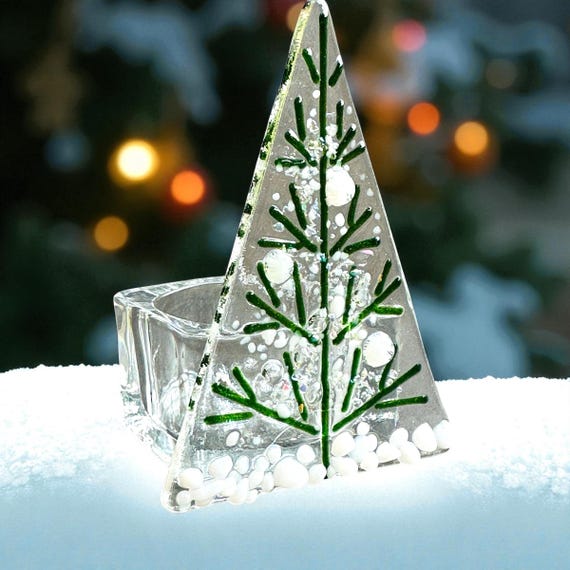 Fusing Glas Weihnachtsbaum Teelichthalter: Grün & Weiße Dekoration
