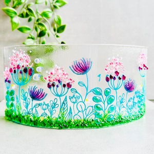 Glass art, Seed head glass curve, hand painted floral design ,  large.