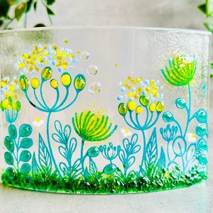 Glass art, Glass art curve, candle screen, yellow flower fused glass yellow flower, gift for her.