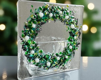 White berry Fused Glass Christmas Wreath Tea Light Holder: Handmade Holiday Decor