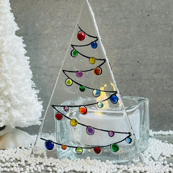 Multicolor Christmas tree tea light holder,  glass Christmas tea light holder, Christmas decor, fused glass Christmas Ornament.