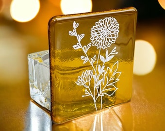 Chrysanthemum Birth Flower Tea Light Holder: Fused Glass November Gift