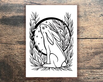 Moon Gazing Hare Art Print: Folklore Illustration (Digital Drawing)