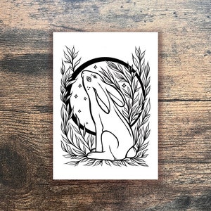 Mond Blick Hase im Laub mit Sternen - Weiß und Schwarz - Kunstdruck - Digital Zeichnung Illustration Folklore - Ostern - Mond - Magie