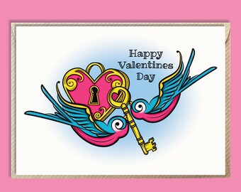 Happy Valentines Day - Pink Sailor Jerry Swallow Tattoo Style Greetings Card - A5 - Free UK Postage - Birds and Hearts Keepsake