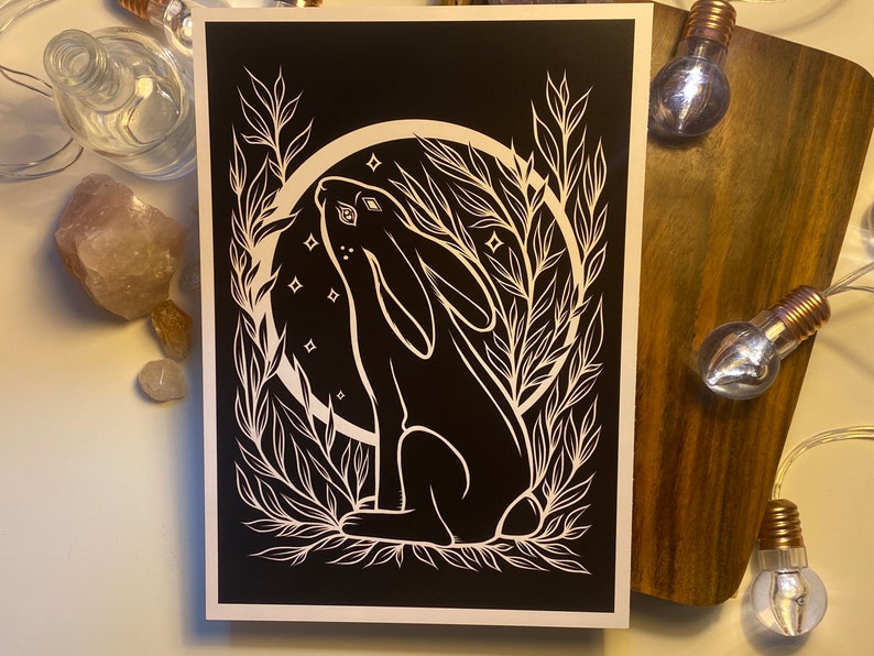 Moon Gazing Hare Rabbit in Foliage Stars Black and White Art - Etsy