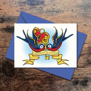 Tarjeta de felicitación - Compromiso - Bodas - Nuevo hogar - Inspirada en tatuajes - Envío gratuito al Reino Unido - Golondrinas, pancarta, llave y corazón
