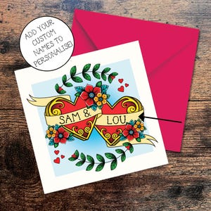 Gepersonaliseerde liefdesharten wenskaart koppels - bruiloft, verloving, jubileum - tattoo-stijl harten, banner met bloemen - vierkante kaart