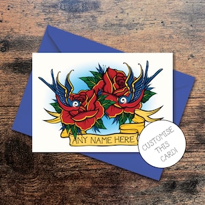 Gepersonaliseerde alternatieve wenskaart voor jubileum, Valentijnsdag - tattoo-stijl rozen en zwaluwen met spandoek - gratis verzending VK