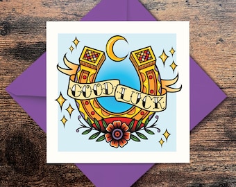 Tattoo Style Good Luck Card: Horseshoe, Flowers, Moon & Stars