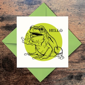 Tarjeta de felicitación "Hola Rana" - "Solo para decir" - Verde - Tarjeta de cumpleaños cuadrada de animal - Fuente occidental - Ilustración - Envío gratuito al Reino Unido