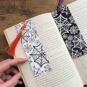 Black and White Spider Web Cobweb Bookmark with Double Sided Design and Choice of Tassel | Spooky Gift For Readers or Halloween.
