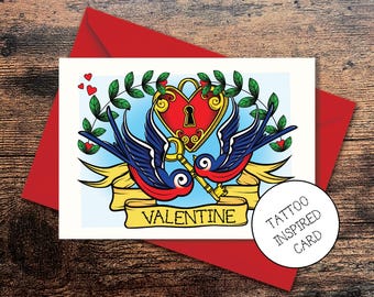 Tattoo Swallows Valentine's Day Card, Heart Locket & Key
