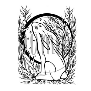 Moon Gazing Hare Rabbit in Foliage Stars Black and White Art - Etsy
