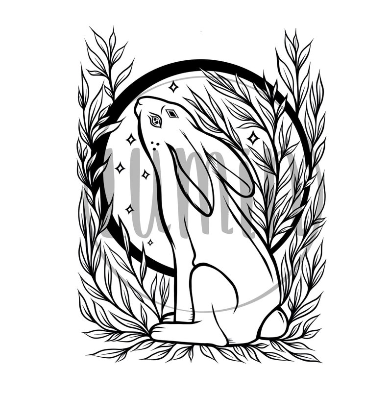 Moon Gazing Hare Rabbit in Foliage Stars Black and White Art - Etsy