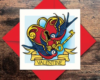 Tattoo Style Valentine's Day Card: Heart Locket, Swallows, Key