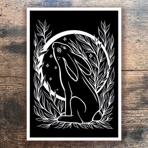 Moon Gazing Hare Rabbit in Foliage Stars - Black and White - Art Print ...