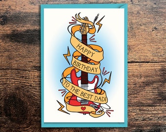 Happy Birthday Card for Dad – Red Electric Guitar with Banner – Rocker / Alternative Musician Card