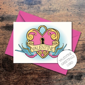 Carte de voeux de la Saint-Valentin | Tatouage vintage inspiré des hirondelles et médaillon cadenas coeur - Frais de port gratuits au Royaume-Uni