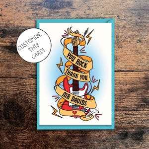 Carte de remerciement de professeur de musique. Guitare électrique rouge et bannière You Rock avec option personnalisée. Carte de voeux alternative. Poteau britannique gratuit de 5 x 7 pouces