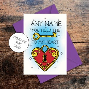 Gepersonaliseerde Valentijnsdagkaart met Key To My Heart-ontwerp | Op tatoeages geïnspireerd kunstwerk, hart en sleutel Voeg een willekeurige naam toe! Gratis verzending in het VK