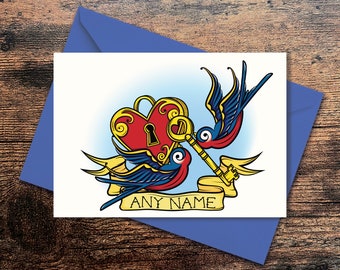 Personalized Tattoo Swallows Greetings Card – Anniversary, Wedding