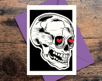 Alternative Valentine’s Day Card – Gothic Skeleton with Heart Eyes – Funny Macabre Love Card