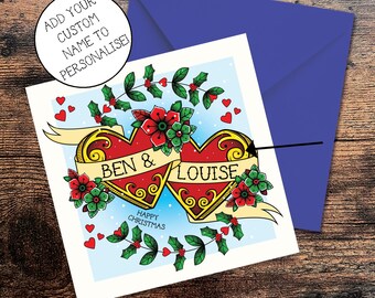 Personalized Tattoo Style Christmas Card, Love Hearts, Custom Couple Names